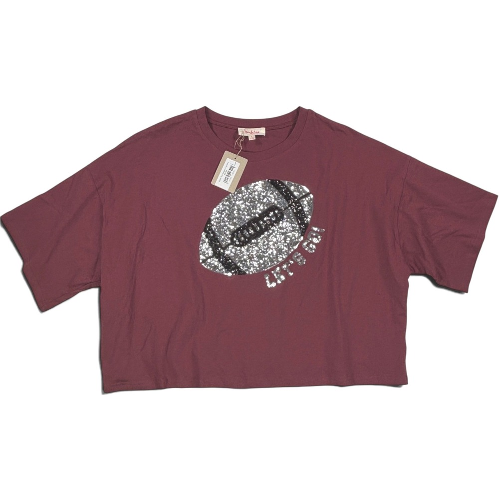 Peach Love California Game Day Sequin Football Crop Tee Shirt Burgundy Large NEW